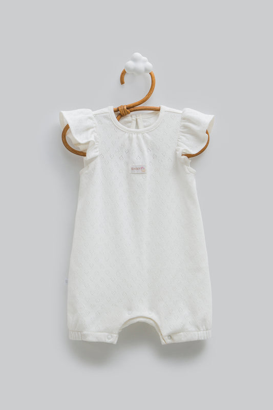 Kalp Desenli Fırfırlı Bebek Tulumu Ekru | Pamukanne