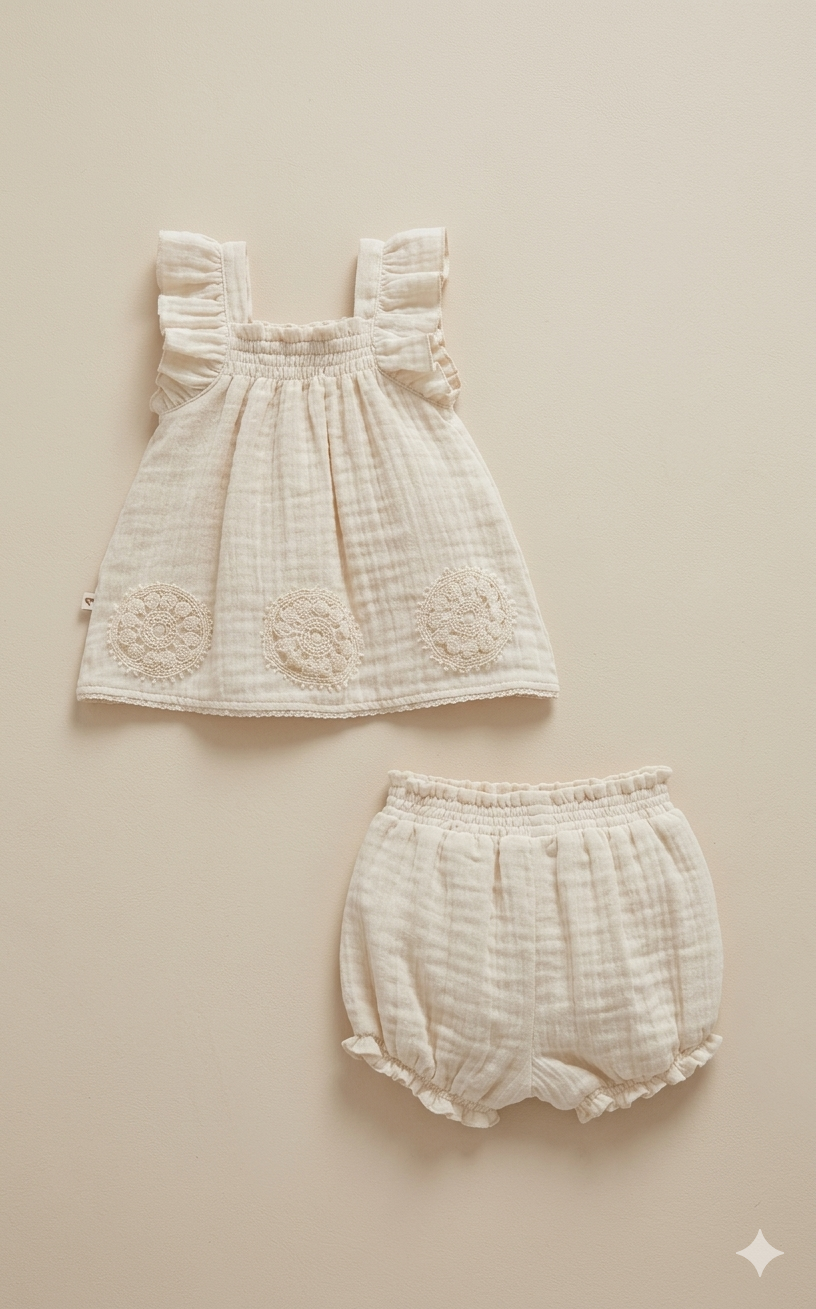 Fırfırlı Müslin Bebek Şort Takımı (Bej)