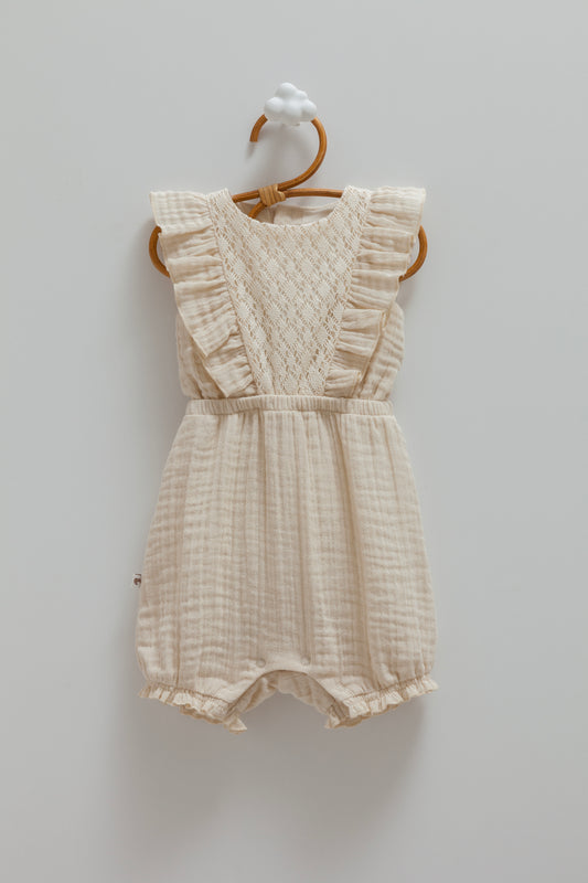 Fırfırlı Müslin Bebek Tulumu Bej | Premium | Pamukanne