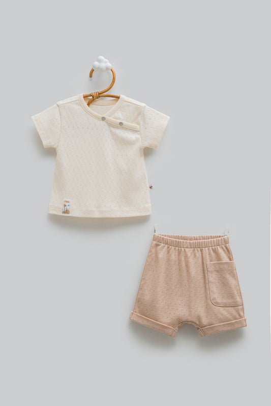 Minimal Desenli Bebek Şort Takımı Bej | Pamukanne