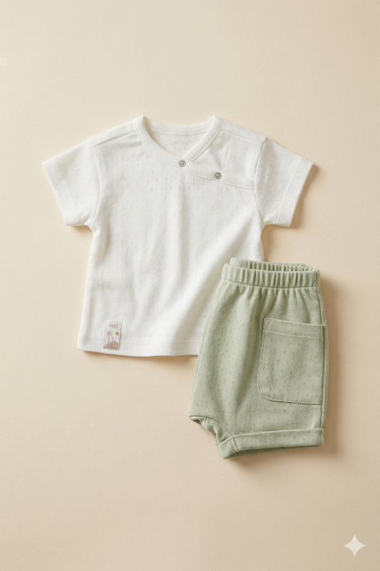Minimal Desenli Bebek Şort Takımı (Ekru)