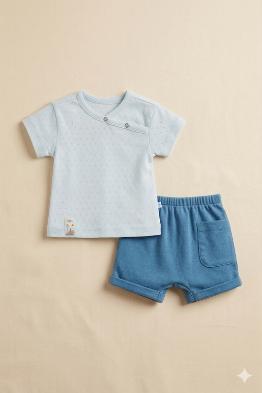 Minimal Desenli Bebek Şort Takımı (Mavi)