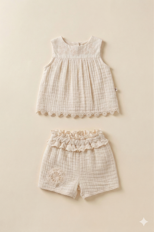 Nakış Detaylı Müslin Bebek Şort Takımı (Bej)