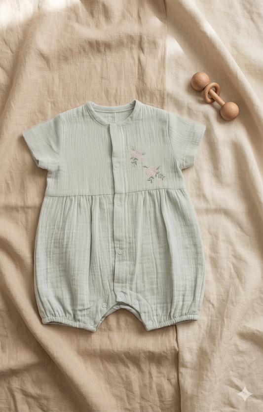 Nakış Detaylı Müslin Bebek Tulum (Mint)