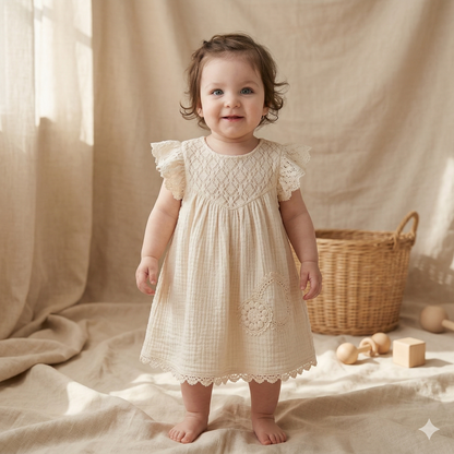 Nakış Detaylı Müslin Bebek Elbise (Bej)