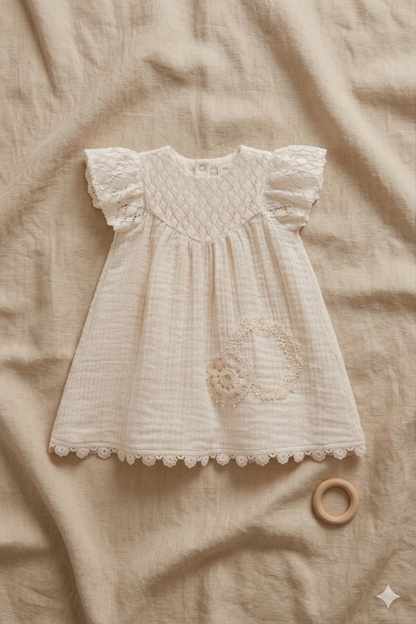 Nakış Detaylı Müslin Bebek Elbise (Bej)