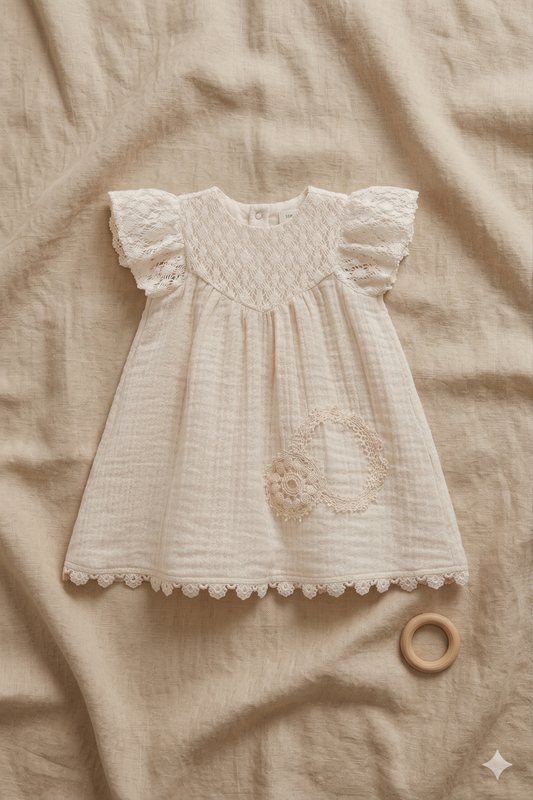Nakış Detaylı Müslin Bebek Elbise (Bej)