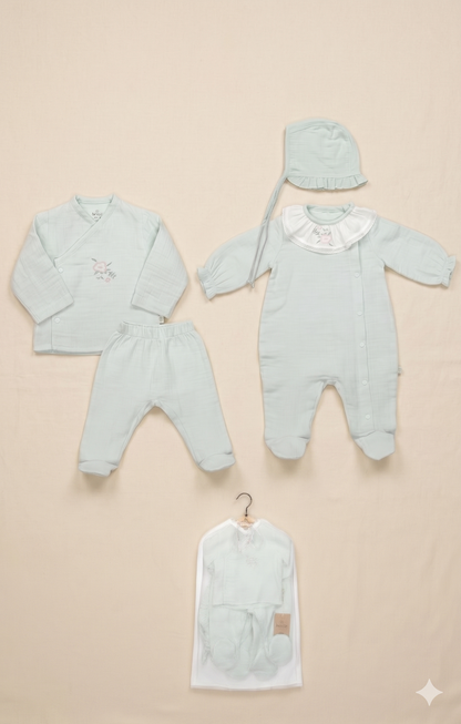 Nakışlı Yaka Detaylı 5’li Bebek Premium Set Mint | Pamukanne