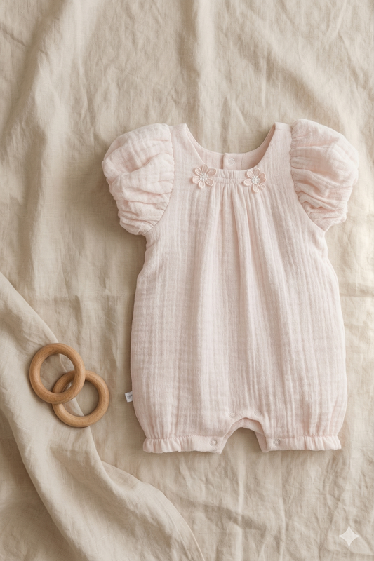 Papatya Detaylı Müslin Bebek Tulum (Pembe)