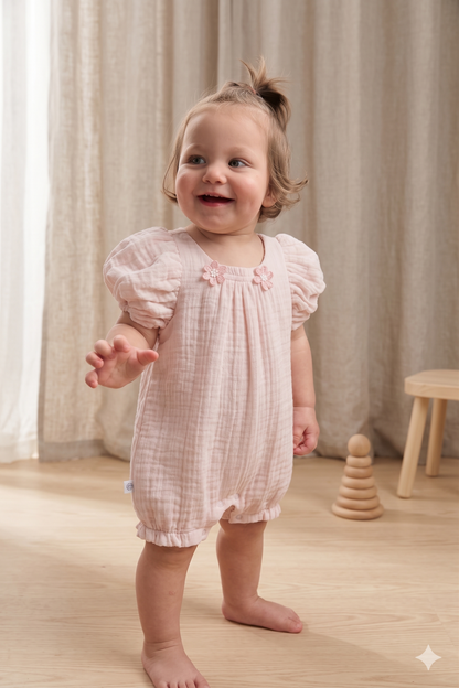 Papatya Detaylı Müslin Bebek Tulum (Pembe)