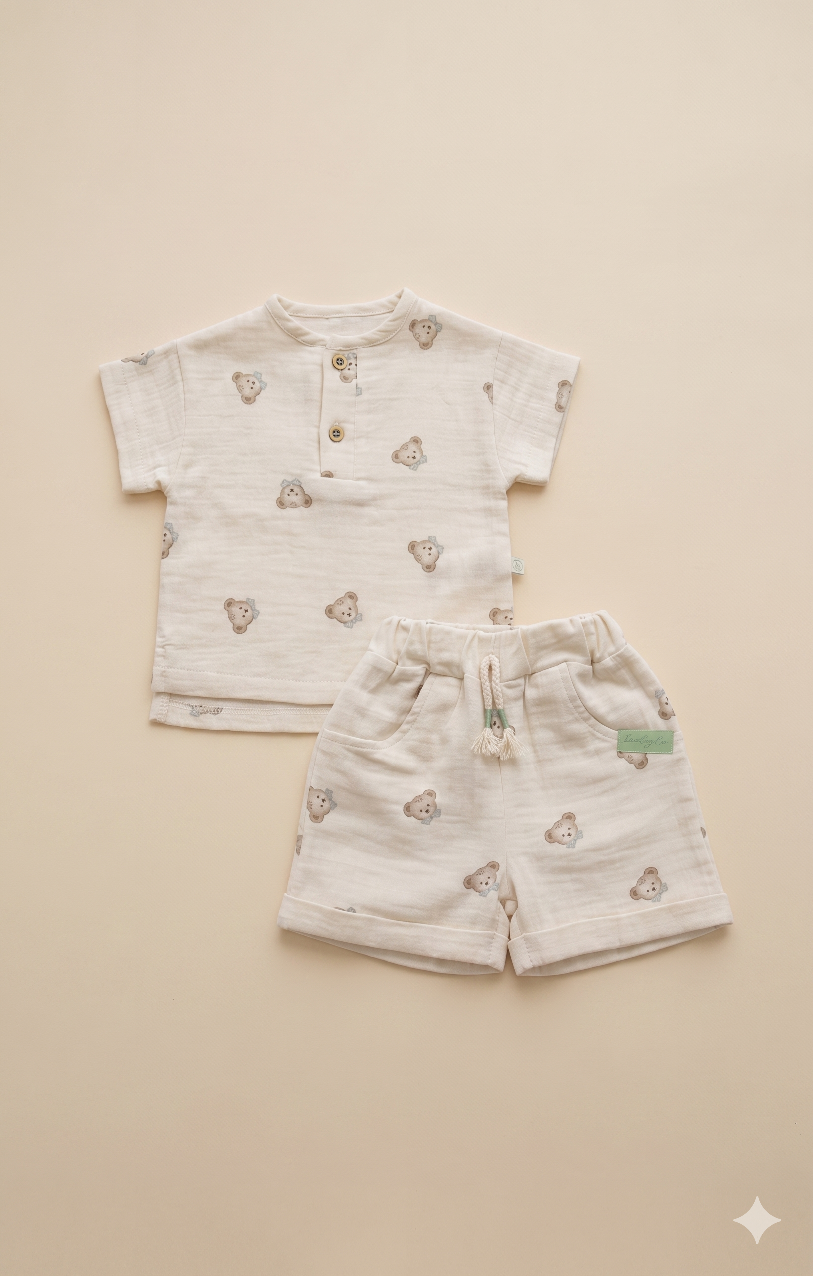 Patili Ayıcık Müslin Bebek Şort ve T-shirt Takımı Bej | Pamukanne
