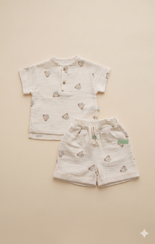 Patili Ayıcık Müslin Bebek Şort ve T-shirt Takımı Bej | Pamukanne