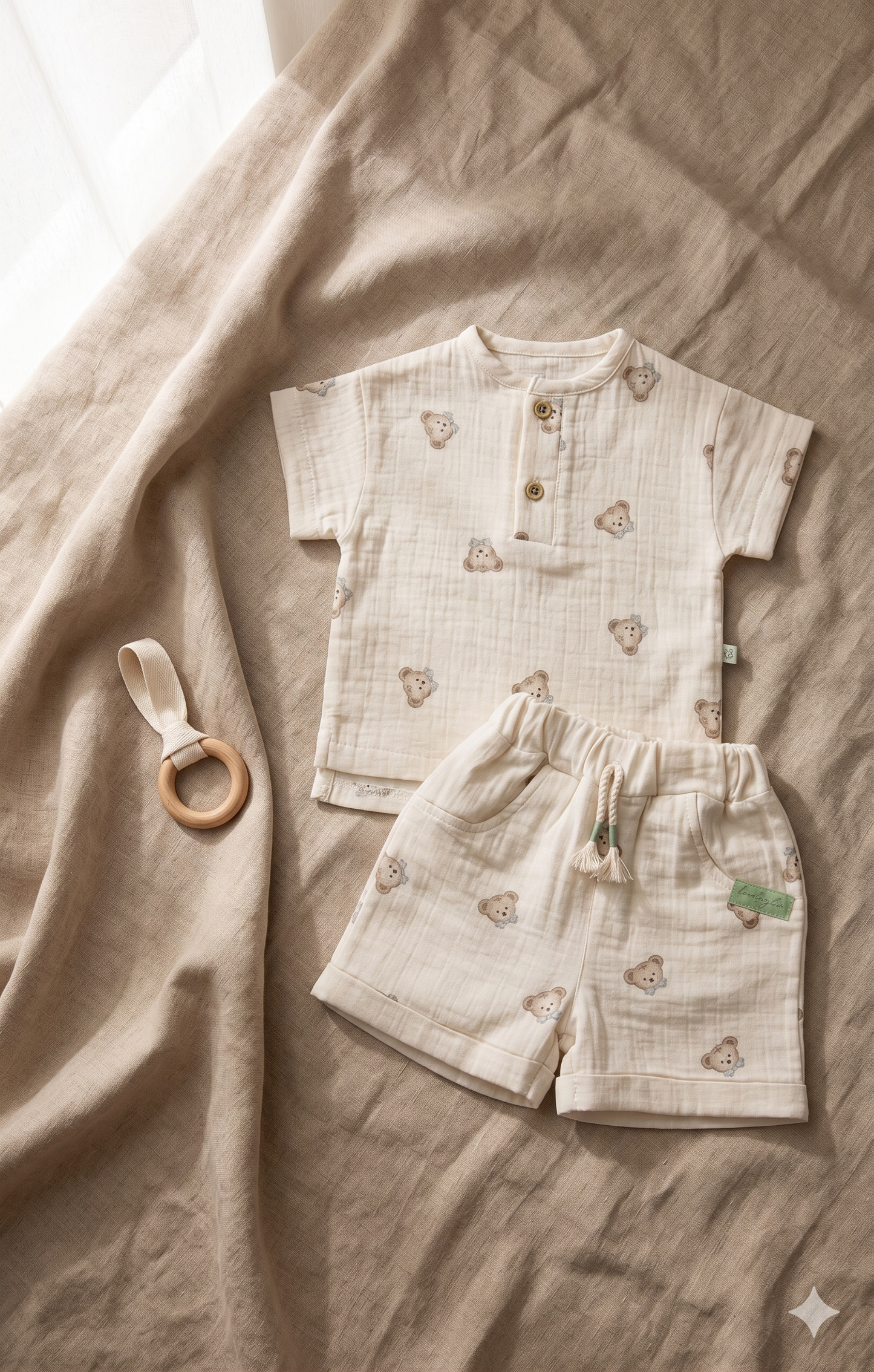 Patili Ayıcık Figürlü Müslin Bebek Şort ve T-shirt Takımı (Bej)